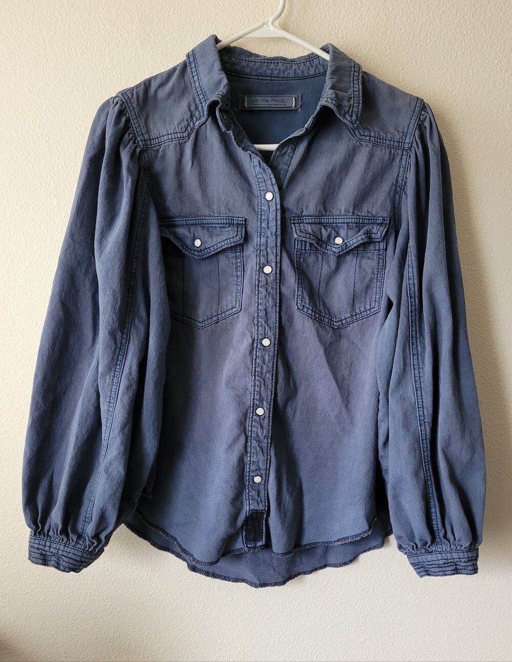 We The Free People Denim Pearl Snap Shirt Button Down Balloon Sleeve Long Sleeve